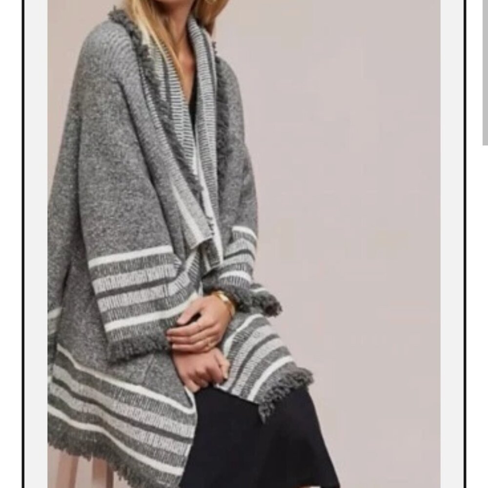 Anthropologie Saturday Sunday Fringe Kimono Cardigan Sweater Gray Boho One Size